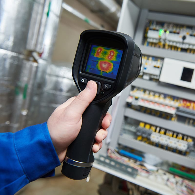 electrician use thermal imaging camera for overheating temperature inspection of electrical equipment